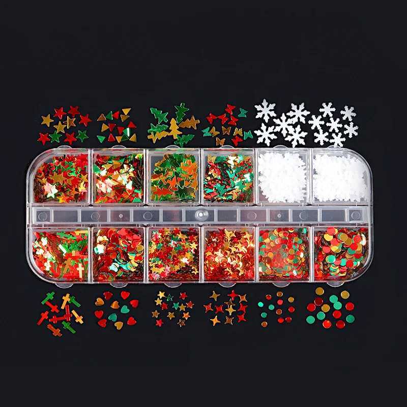 1Box Holographic Christmas Nail Sequins Snowflakes Tree Stars Iridescent Flake Nail Glitter Laser Sparkly Confetti GlitterXJ240815
