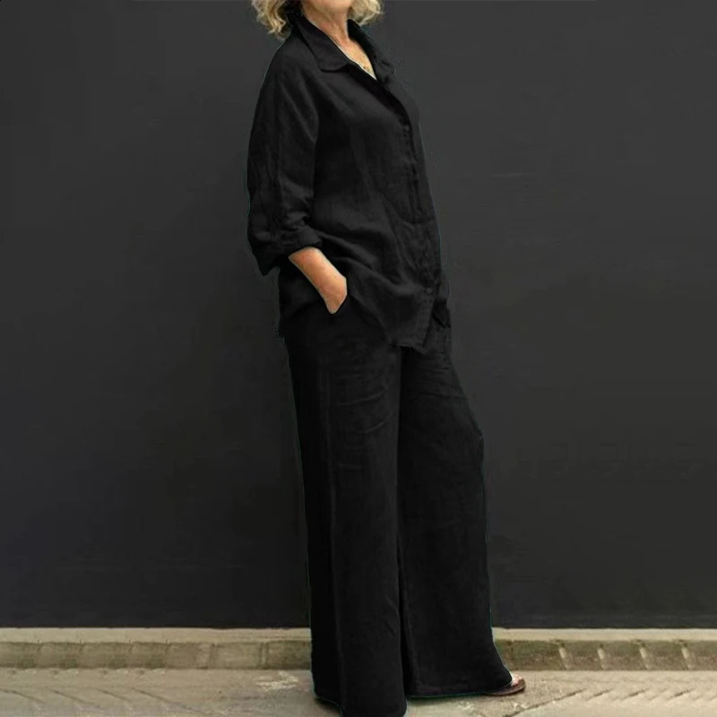 Plus Size Cotton Linen 2Pcs Set Women Autumn Long Sleeve Shirt Trousers Set Fashion Solid Straight Pants Suits Women Outfits 240820