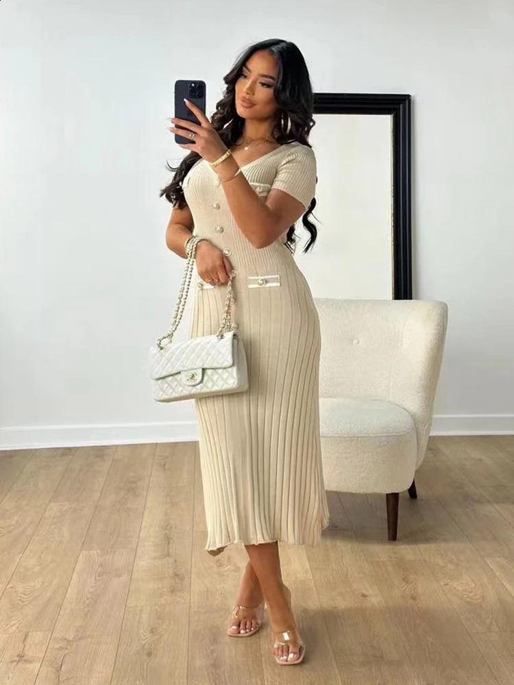 Office ladies elegant knitted long skirt summer short sleeved Vneck single chest tight dress womens party fashion vest 241007