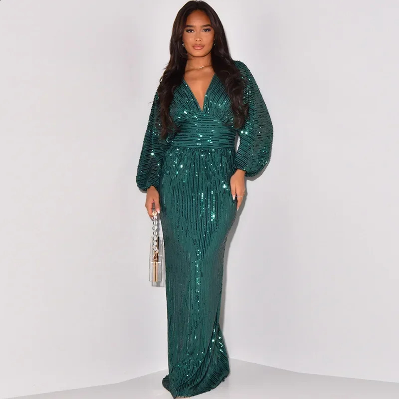 Women Sequined Deep V-neck High Waist Tunic Birthday Bodycon Midi Maxi Dress Autumn Sexy Party Dresses Vestidos 240819