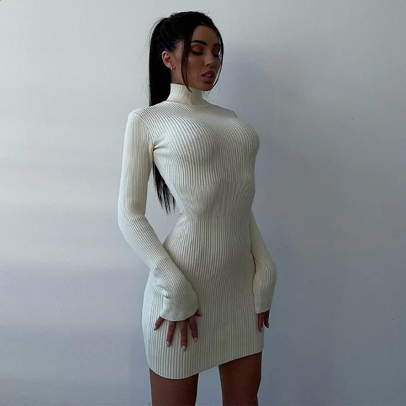 Autumn Winter Midi Sweater Dress Women Casual Ribbed Knitted Turtleneck Long Sleeve Dresses Outfits Bodycon Sexy Club Party 240819