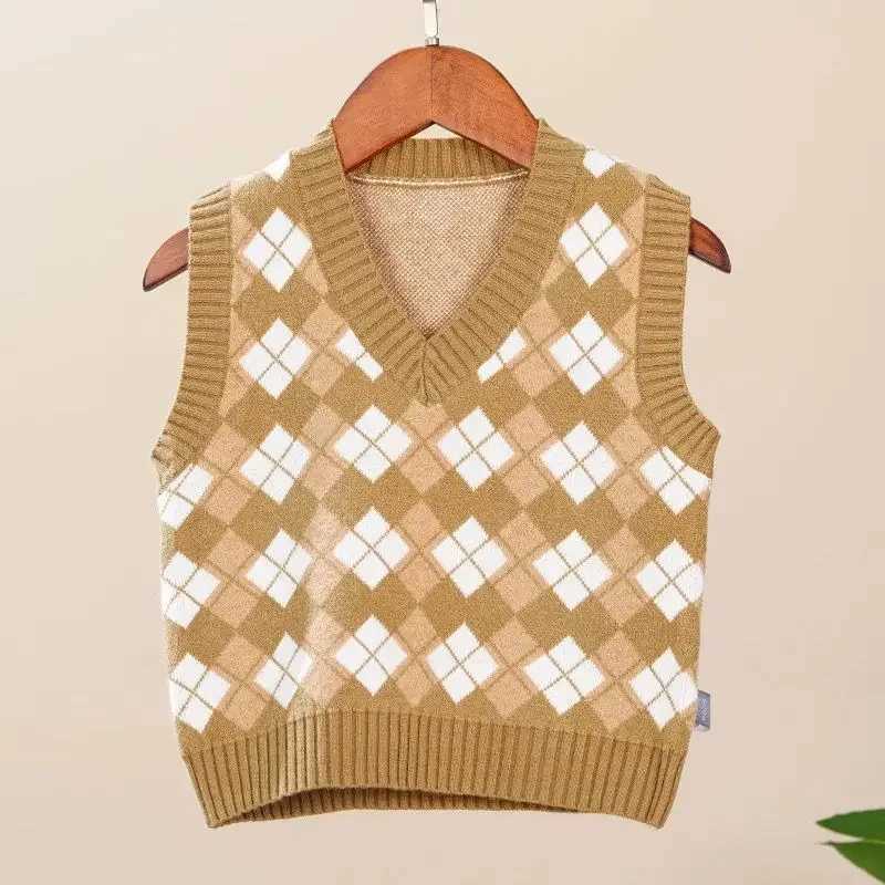 Kids Boys Girls Knitted Vest 2024 New Fashion British College Style Vest Diamond Printed Sweaters Sleeveless Outwear Cotton TopsXJ240819