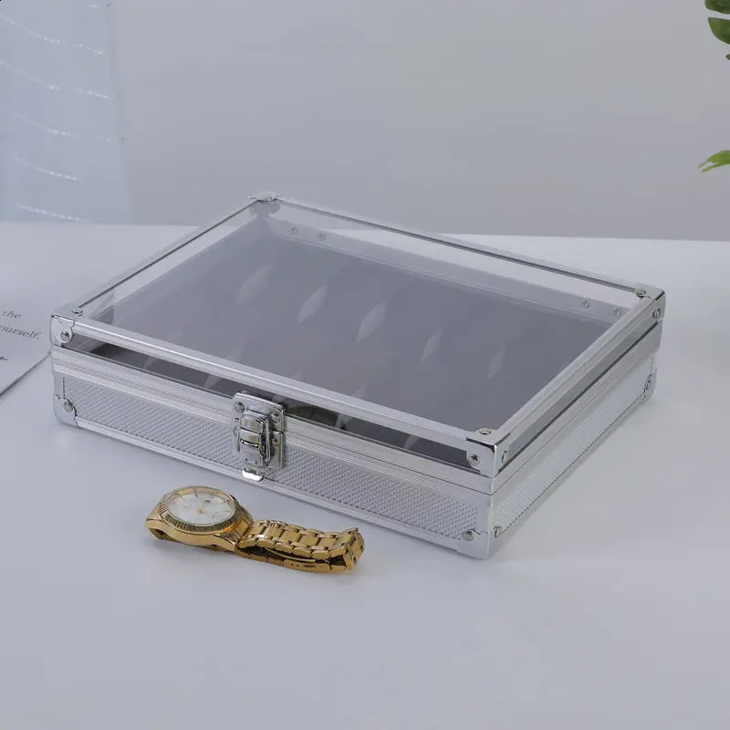 Useful aluminum alloy watch box with 12 grid slots jewelry display storage square case back rectangular stand 240812