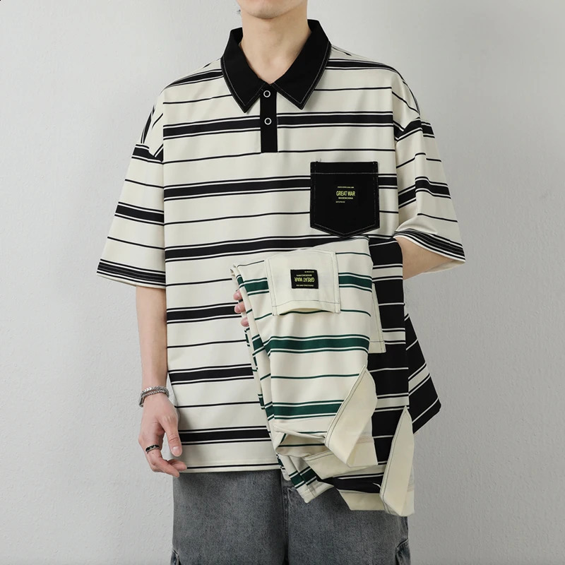 Young Style Loose Striped Polo Shirts Summer Casual Half Sleeve Mens Clothing Fashion Turn-down Collar Korean Pockets T-shirts 240820