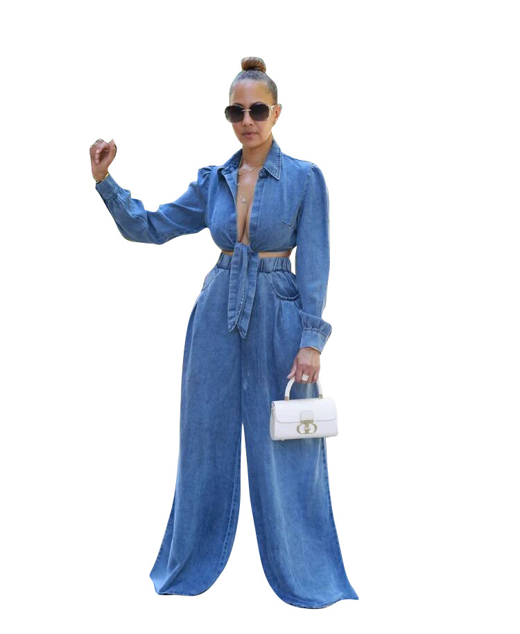NEW Designer Fall Winter Denim Tracksuits Women Two Piece Sets Long Sleeve Bandage shirt and Wide Leg Pants Casual Outfits Solid Sweatsuits Wholesale 