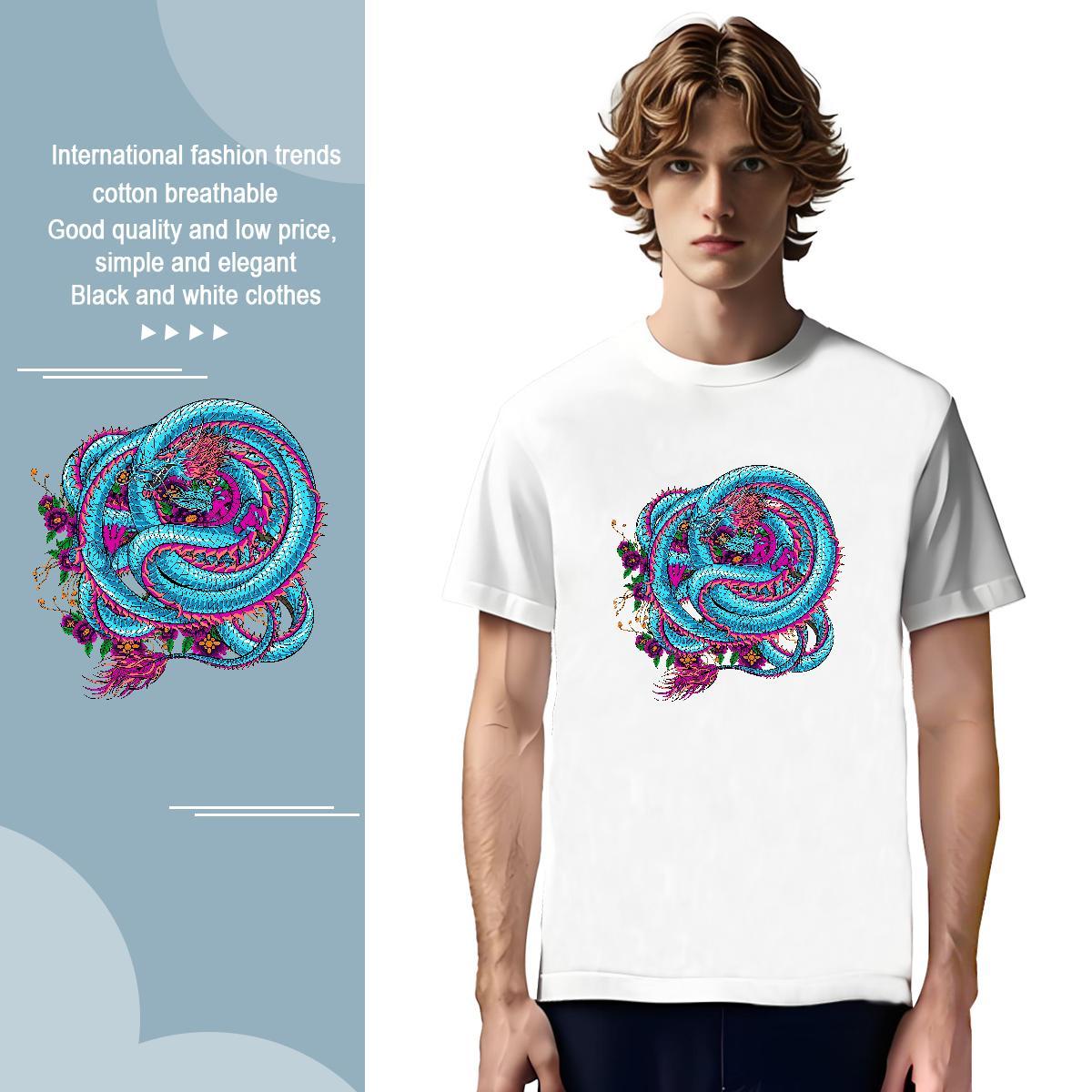 T Shirt For Man 230g Pure Cotton dragon Spring Summer Round Neck Short Sleeve Cartoon Printing L-4XL Couples T Shirts Classic Casual Comfortable Cloth