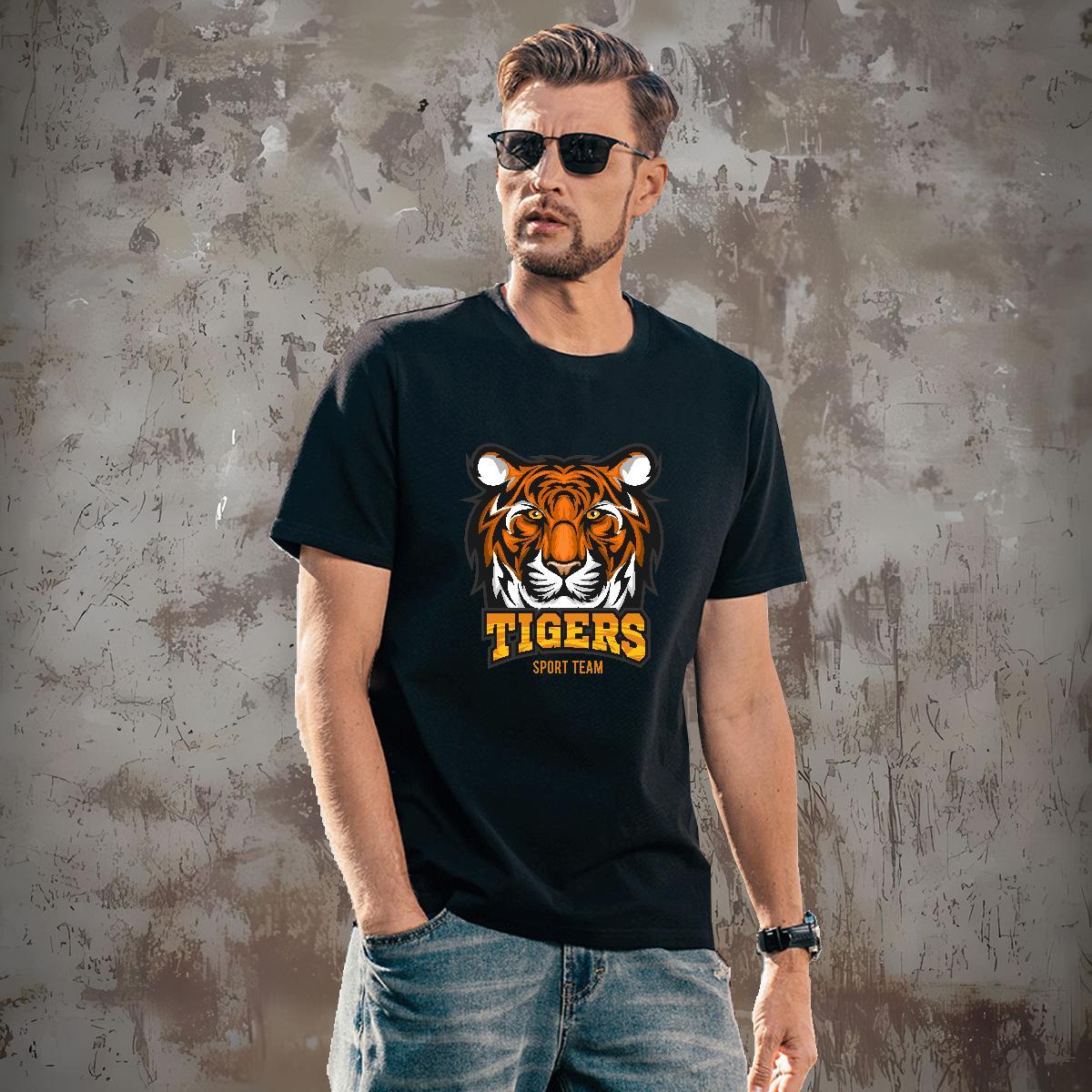 Loose T shirt tiger Round Neck Short Sleeve Daily Wear Black Oversized 230g Pure Cotton Tshirt for Man Woman Classic Casual Top Tees
