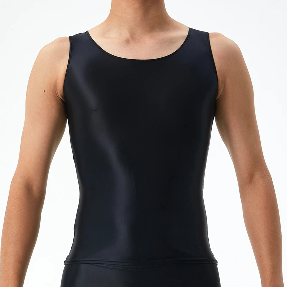 Mens Seamless Elastic Tops Oil Shiny Sleeveless Smooth Solid Tank Top Tights Male ONeck Widely Applicable Running Undershirt 240819