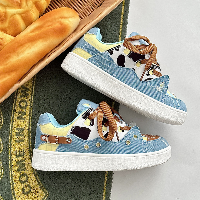 Long Foot New Sports Bread Cow Pattern Denim Patching Autumn and Winter BAKE Men's China-Chic Skateboarding Women's Shoes