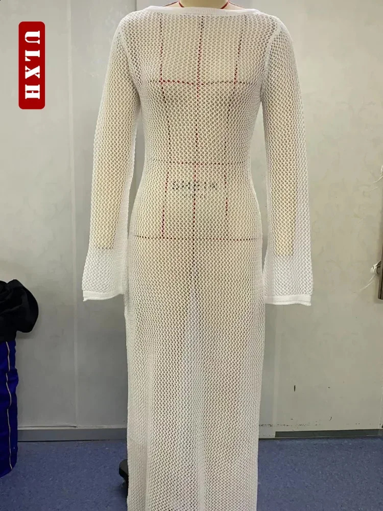 ULXH Sexy Elegant Long Sleeve Knit Beach Dress Streetwear Slim Fit Solid Backless Maxi Dress Summe Long Sleeve A Line Dress 240819