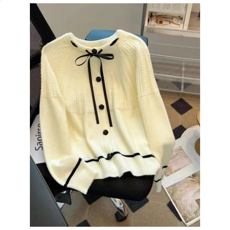 Korean milk brushed bow sweater womens autumn and winter knitted cardigan n sense niche print permanent top 240819