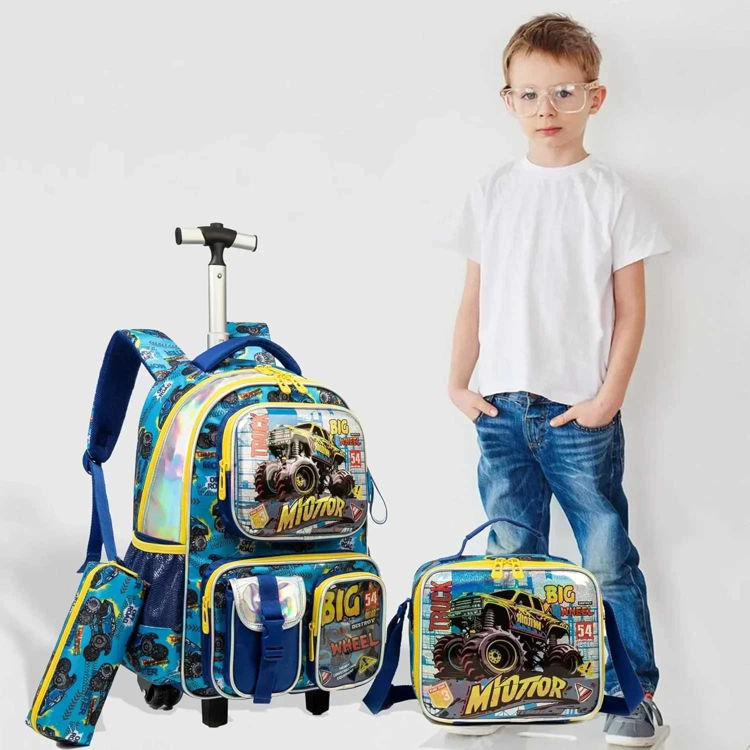 Kids Rolling Backpack for Boys Trolley Roller Luggage Backpacks on Wheels Elementary Multiple Function Pockets Travel School Bag Y240820