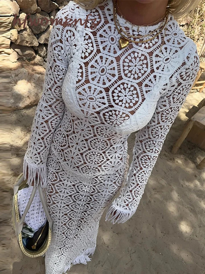 Elegant Knitted Tassel Hollow Out Maxi Dress Women White O-neck Long Sleeve Sundress Summer Lady Holiday Party Beach Robes 240819