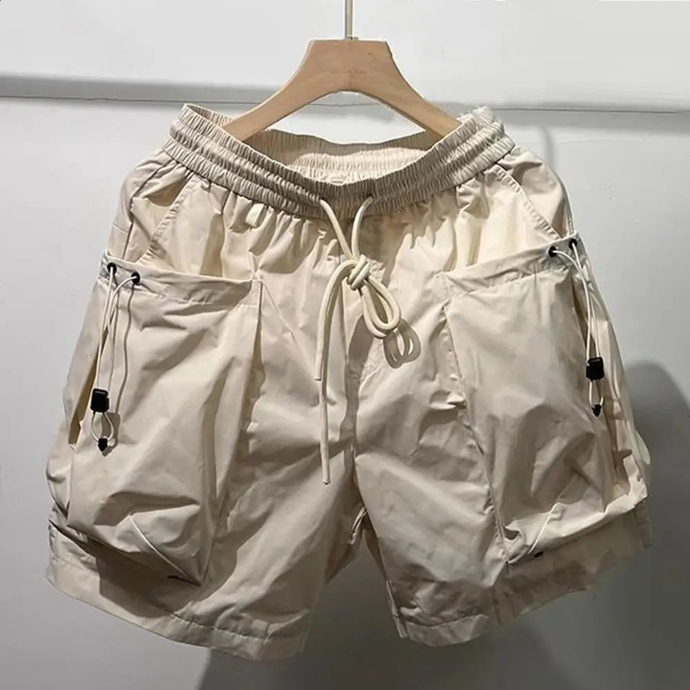 Casual cargo shorts mens loose elastic waist brushed summer large pocket soft sports 240819