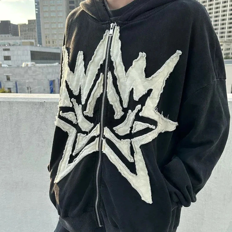 Mens Gothic Street Hoodie Embroidered Star Zipper Hoodie Retro Hip Hop European and American Autumn Winter Y2K 2024 240819