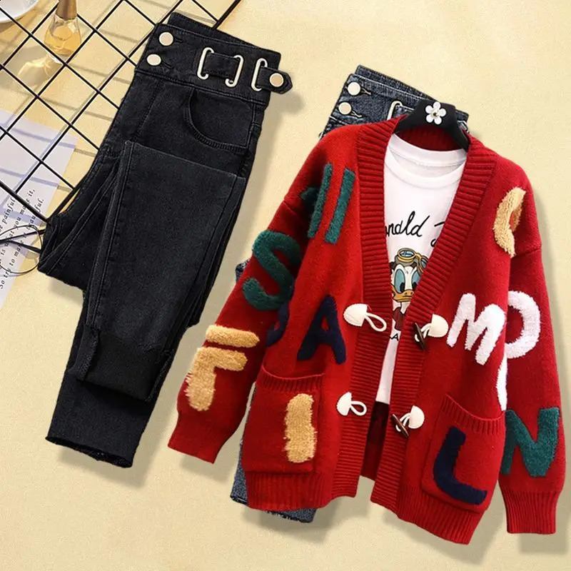 Winter Personalized Letter Printing Knitted Sweater Cardigan Jacket Casual Jeans Two Piece Elegant Womens Pants Set 240819