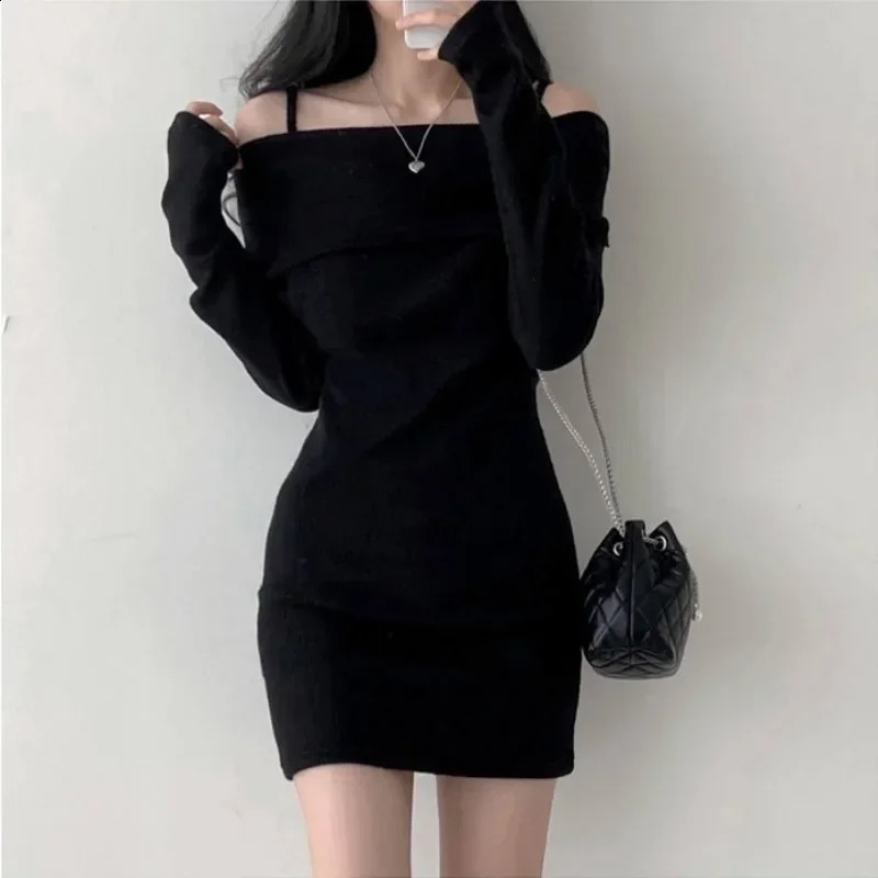 Off Shoulder Suspender Lapel Knit Dress Women Korean Sexy Slim Bottomed Mini Dresses Autumn Winter Solid Suspender Sweater Dress 240819