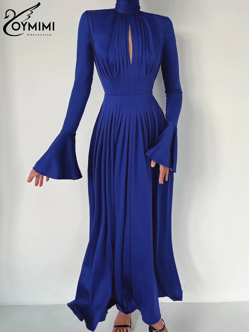 Oymimi Sexy Slim Blue Knitted WomenS Dress Fashion Turtleneck Long Sleeve Ankle Length Dress Elegant Pleated Hollow Out Dress 240819