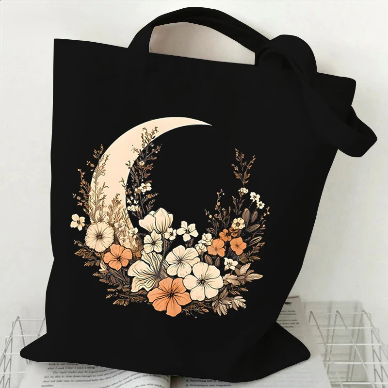 Flower Moon Womens Shopping Handbag Canvas Large Capacity Student Leisure Plant Style Shoulder Bag Wildflower 240820
