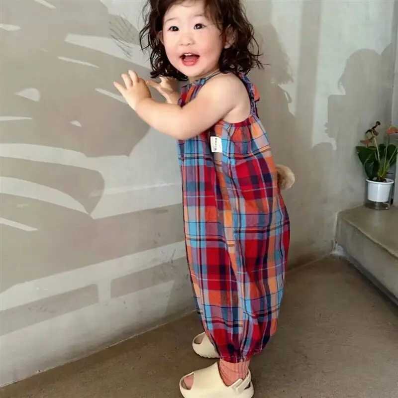 Cherry Girls Red and Blue Plaid jumpsuit summer cute bunny tail girl bib pants baby coat girl jumpsuit W240806