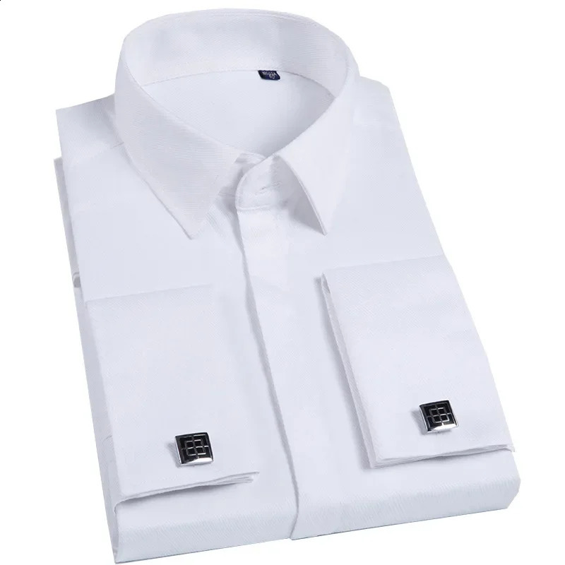 Quality Men French Cufflinks Shirt Hidden Button Mens Shirt Long Sleeve Casual Slim Fit Cuff Dress Shirts Cufflinks Included 240820
