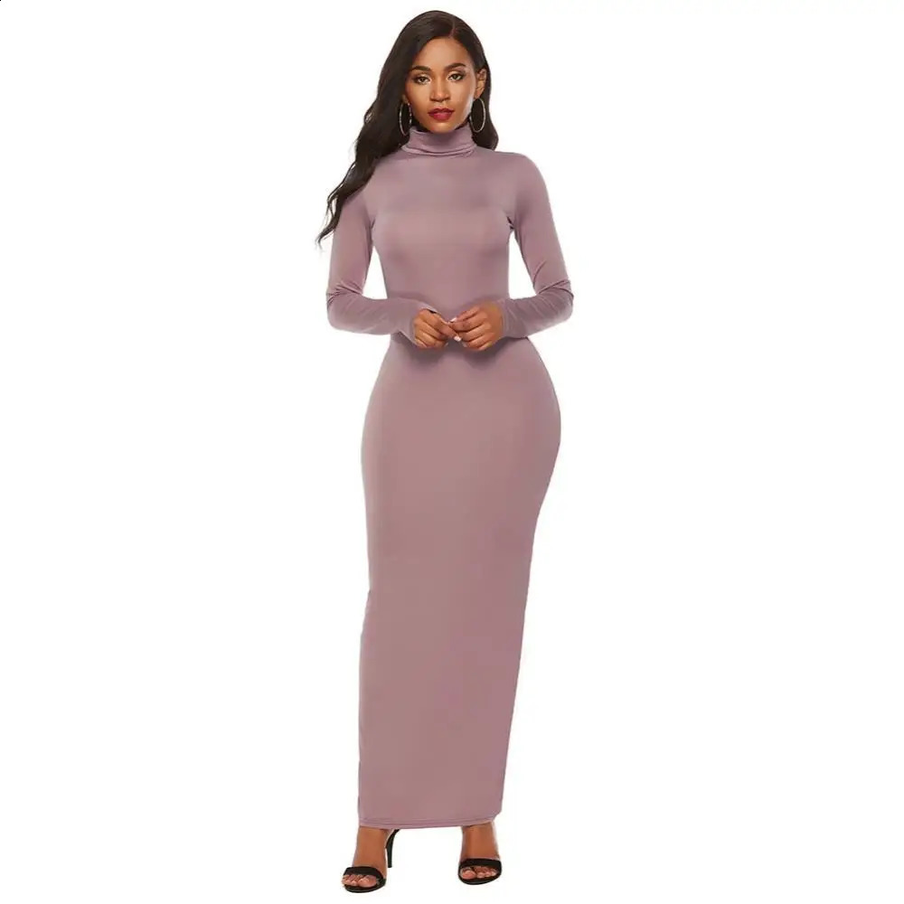 Women Long Dresses Plus Size Party Solid Color Women Long Sleeve Turtleneck Bodycon Dress Maxi Vestidos S-5XL 240823
