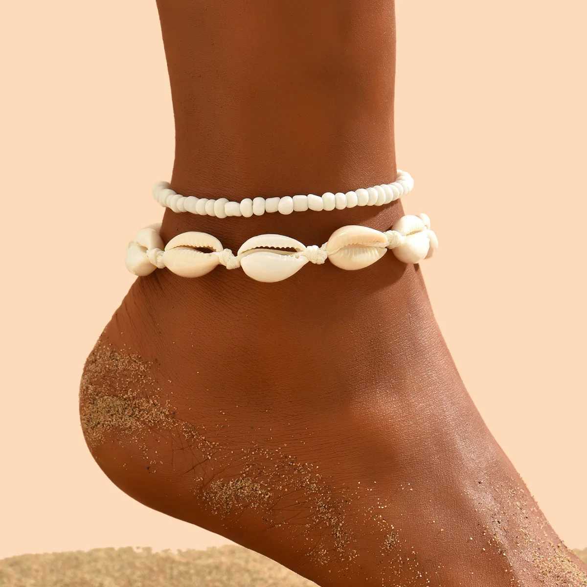 2 pieces/set of Bohemian natural shell bead necklaces suitable for womens beach barefoot jewelry fashionable handmade ankle chains shell ankle bracele
