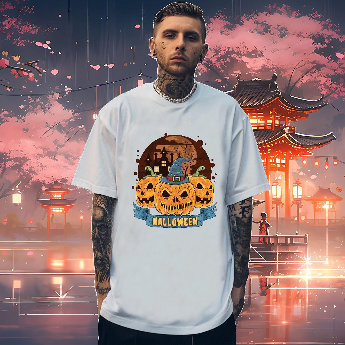 High Quality T shirt pumpkin Crew Neck Breathable Street wear Hip Hop Cartoon Print 100% Cotton 230g Men Clothes T-Shirt 2024 Tops Tees