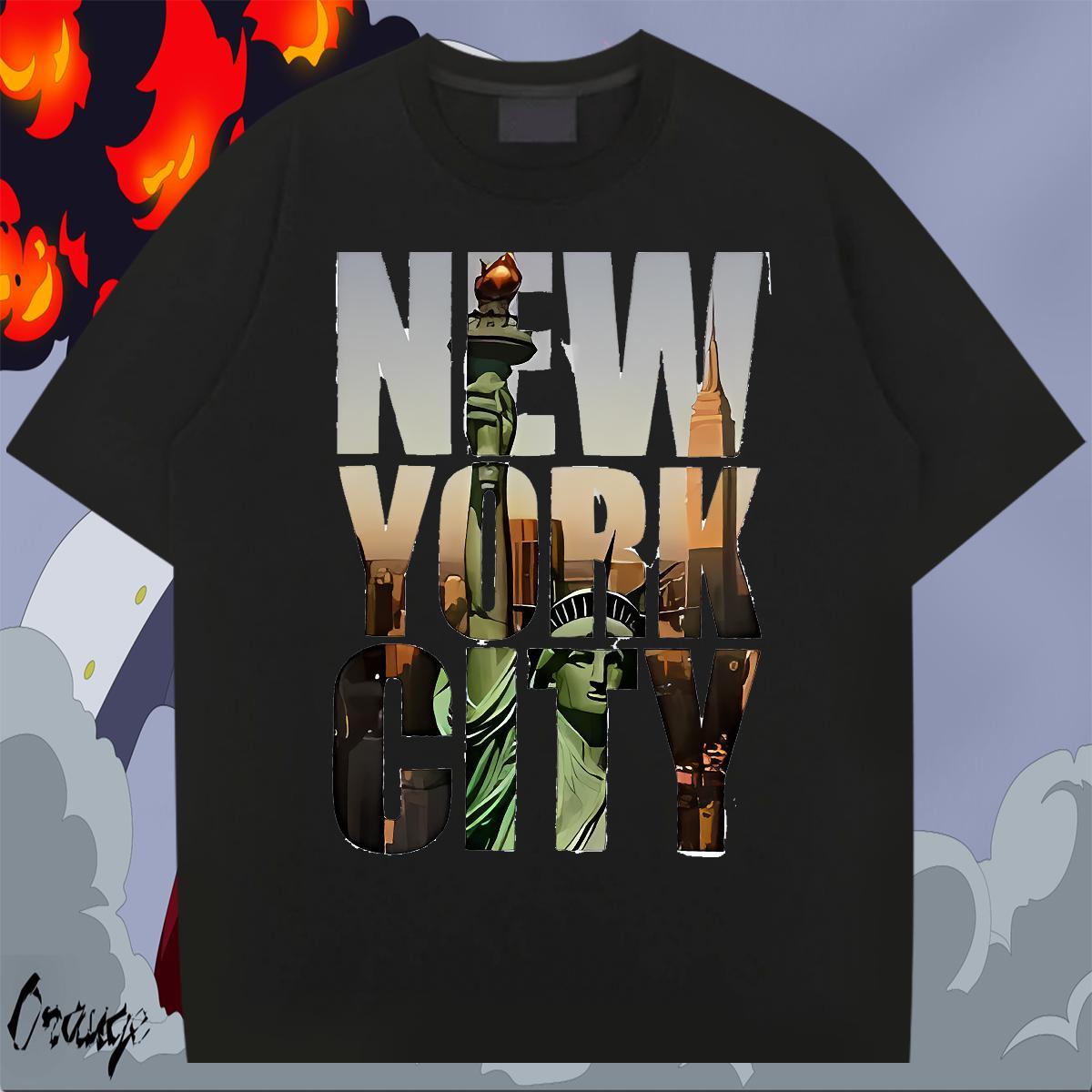 Loose Men Tshirts Anime Printing Street 230g Cotton Black Oversized Breathable Short Sleeve New York T shirt 2024 Tops Tees