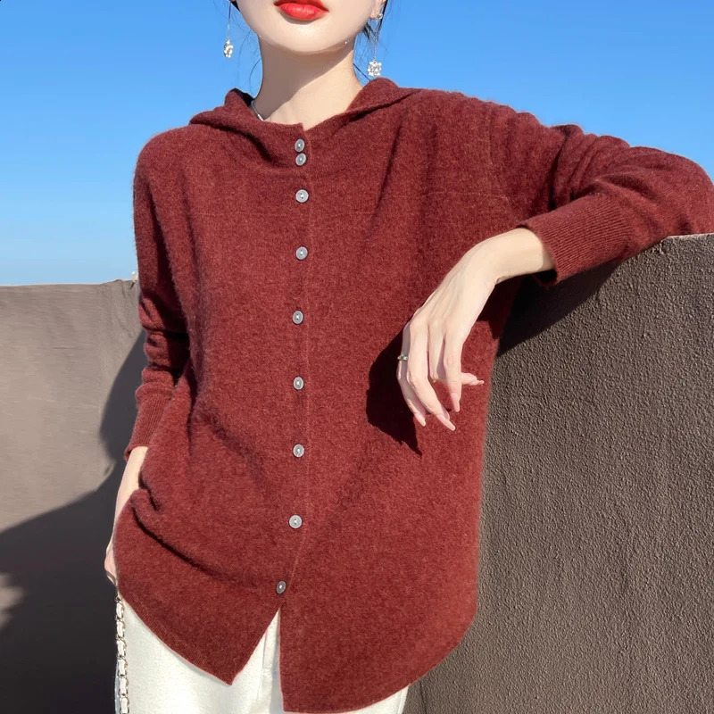 100% wool cardigan sweater womens hooded solid color long sleeved autumn and winter knitted casual warm 240819