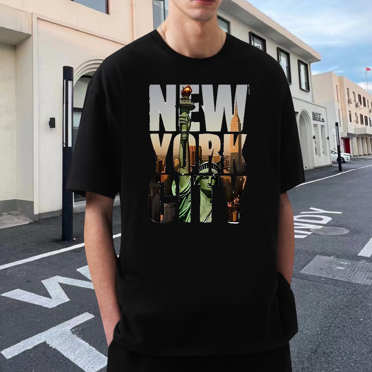 Popular Men Tees Daily Outfit 230g 100% Cotton Black Oversized Crew Neck Breathable New York T shirt 2024 Clothes