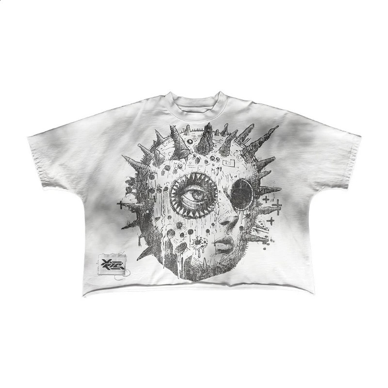 Gothic speckled cartoon print Oneck oversized Tshirt suitable for mens summer comfort Y2K hiphop street couple retro top 240819