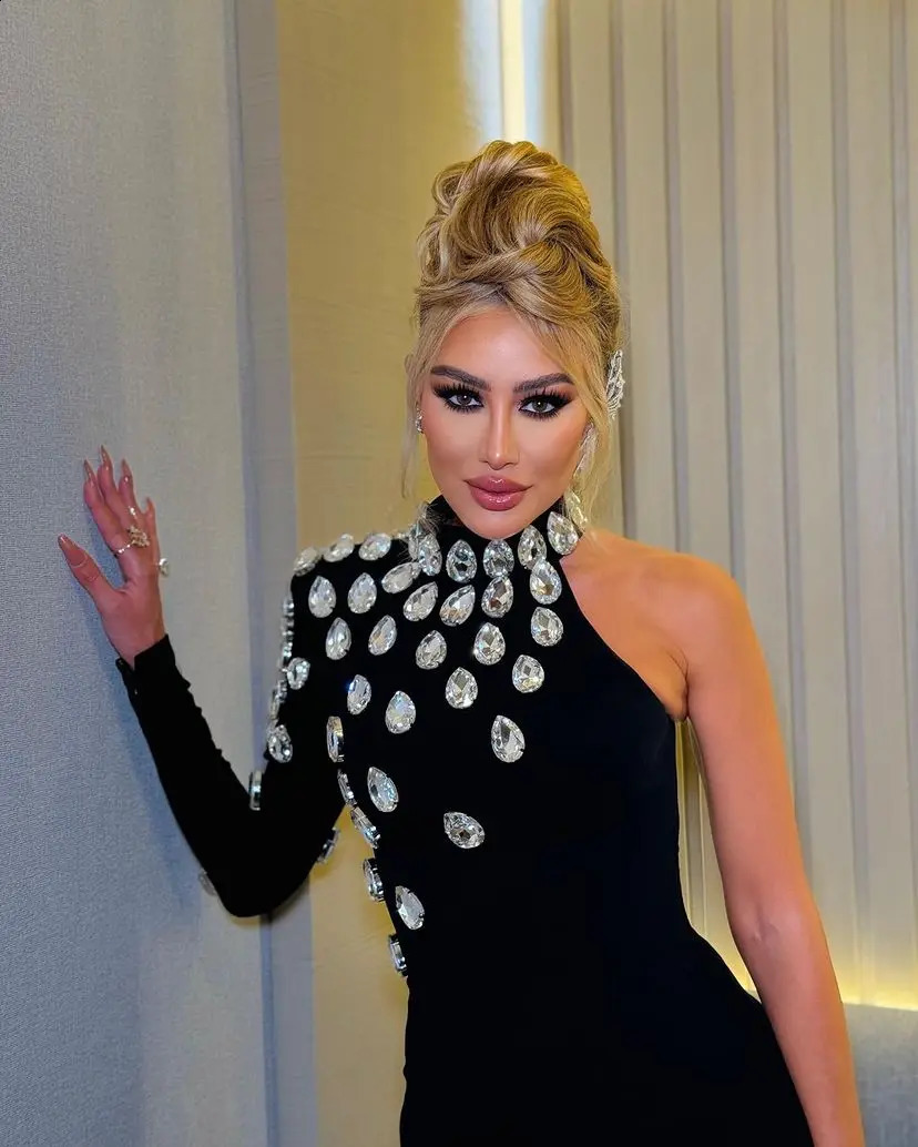 Factory Wholesale Womens Black Single Sleeve Diamond Tight Sexy Celebrity Cocktail Party Bandage Long Dress 240819