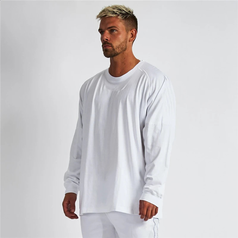 Oversized Loose Long Sleeve T Shirt Mens Fashion Streetwear Hip Hop Fitness T-shirt Spring Plian Gym Clothing Workout Tshirt 240820