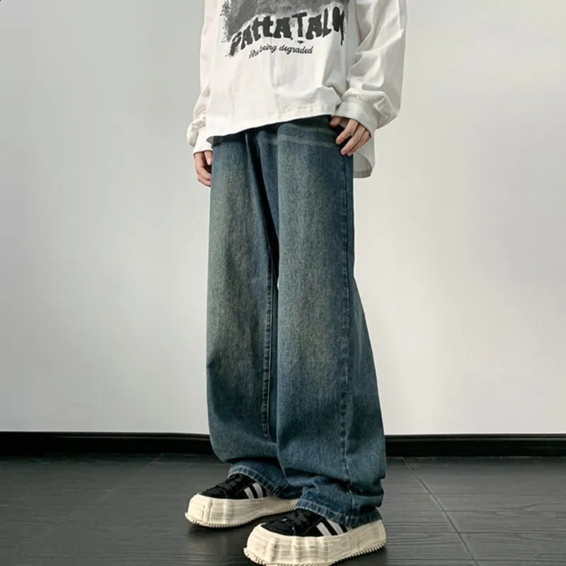 Mens autumn loose jeans wide leg mens straight Harajuku retro Trouser streetwear 240819