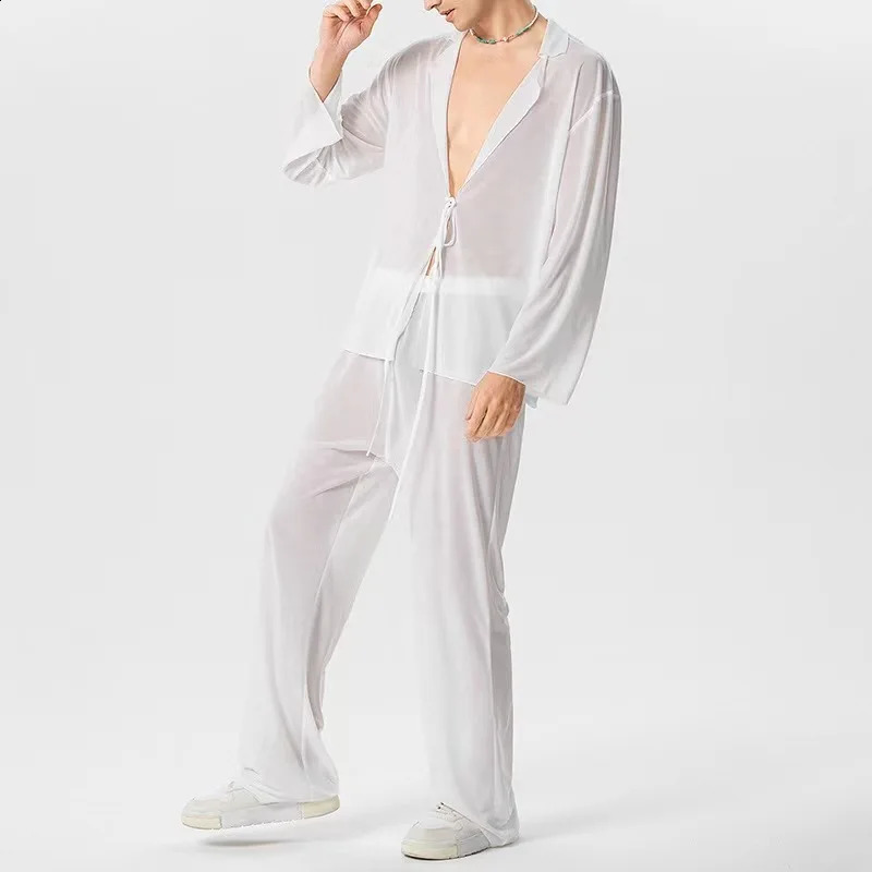 Mens Thin Solid Color Sexy suits Deep V-Lace Long Sleeved Cardigan Shirt Perspective Pants Fashion Clothing Male Two Piece Set 240819