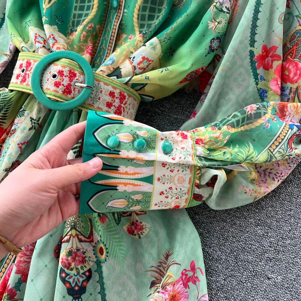Spring Autumn Holiday Flower Chiffon Long Dress Womens Stand Collar Lantern Sleeve Floral Print Belt Long Party Robe Vestido 240819