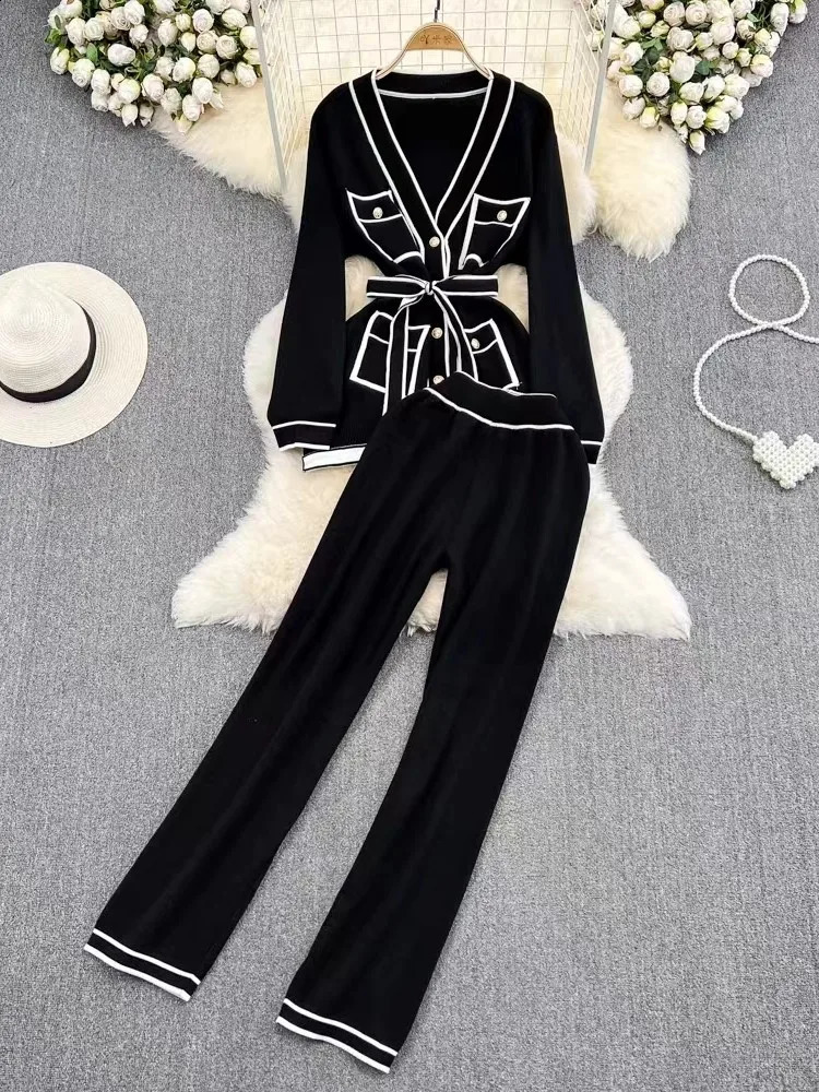 Autumn Knitted 2 Two Piece Set Women Striped Print Korean Ladies Cardigans High Waist Fashion Casual Wide Leg Pants Woman 240819