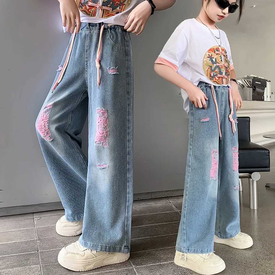 Girl torn jeans big hole jeans girl spring autumn jeans childrens casual style childrens clothing 6 8 10 12 14W240819
