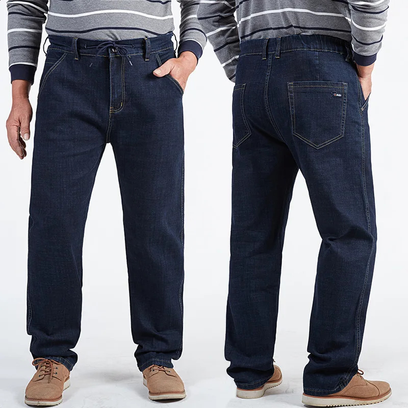 180KG Plus size mens jeans big 56 54 52 autumn thick straight waist dad elastic denim Trouser blue loose pants 240819