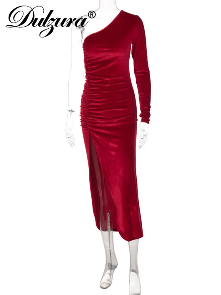 Dulzura Solid Long Sleeve One Shoulder Ruched Slit Velvet Midi Dress Bodycon Sexy Party Club Elegant Evening Christmas Fall 240819