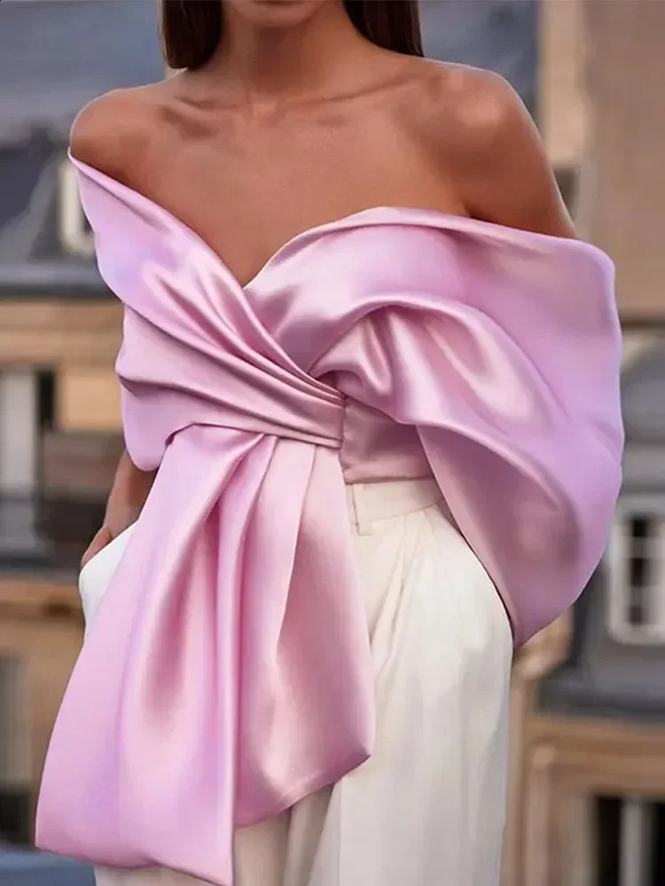 Fashion Pink Satin Bow Strapless Top Women Summer Pleated Off Shoulder Backless Cropped Vest Female Elegant Chic Streetwear 240819