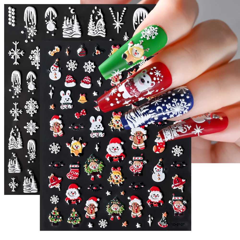 5D Embossed Gingerbread Man Nail Art Sticker Cute Christmas Winter Santa Claus Snowflake Elk Engraved Slider Manicure DecorationXJ240815