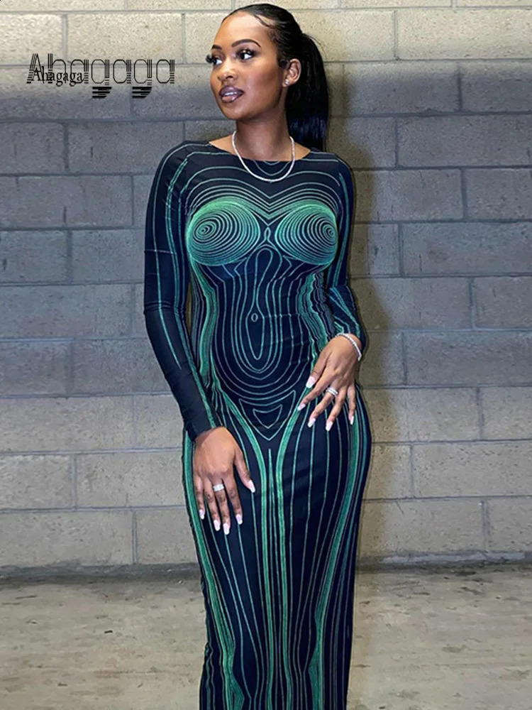 AHAgaga Sexy Midnight Clubwear Print Maxi Dress Elegant Party Women Spring Long Sleeve Dresses Female Tight Robes Vestidos 240819