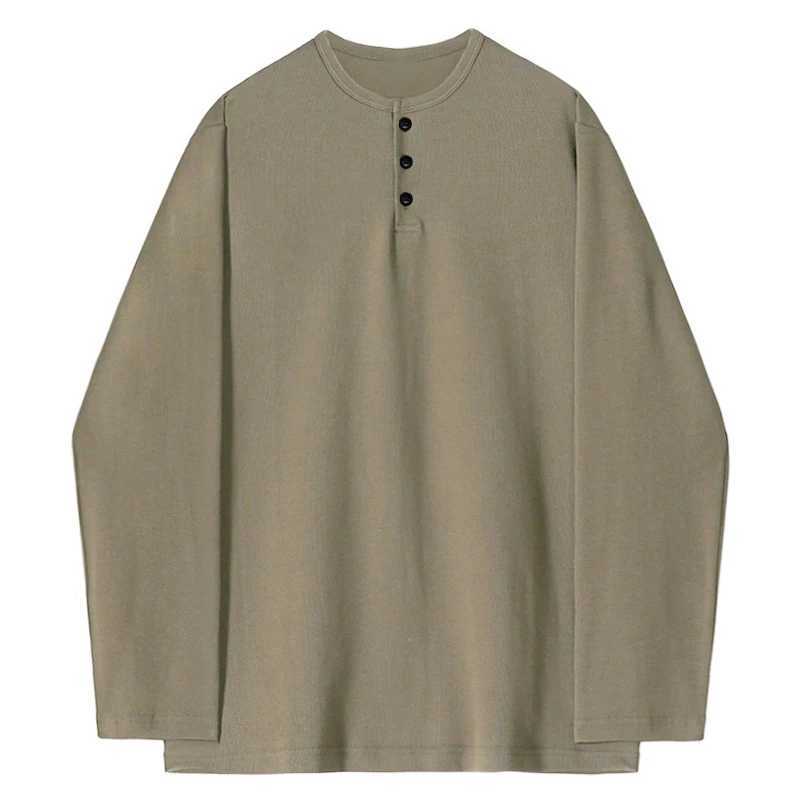 Mens New Spring Autumn Solid Color Section Of Bamboo Cotton Henry Collar Long-Sleeved T-Shirt Fashion Casual Daily Loose TopsXJ240819