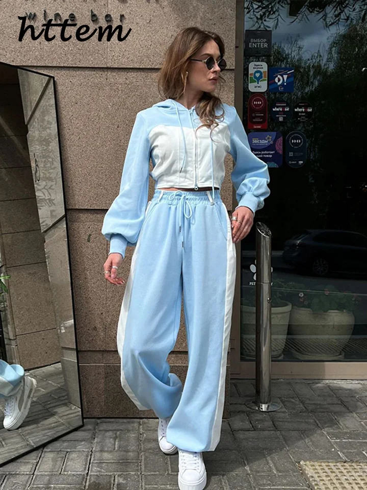 Casual Comparison Hoodie Pants Set Womens Ultra Thin Zipper Short Lace Wide Leg Autumn Fashion Track Clothing 240819