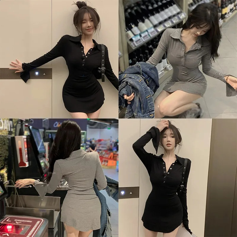 Womens Dress Korean Version Slim Sexy Casual Long Sleeved Buttocks Wrapped Dress 240819