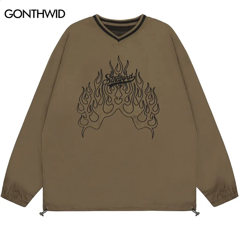 Vintage Shirt Y2K Embroidery Letter Flame Fire Long Sleeve Sports Tshirt Streetwear Men Hip Hop Harajuku V-Neck Loose Shirts Top 240820