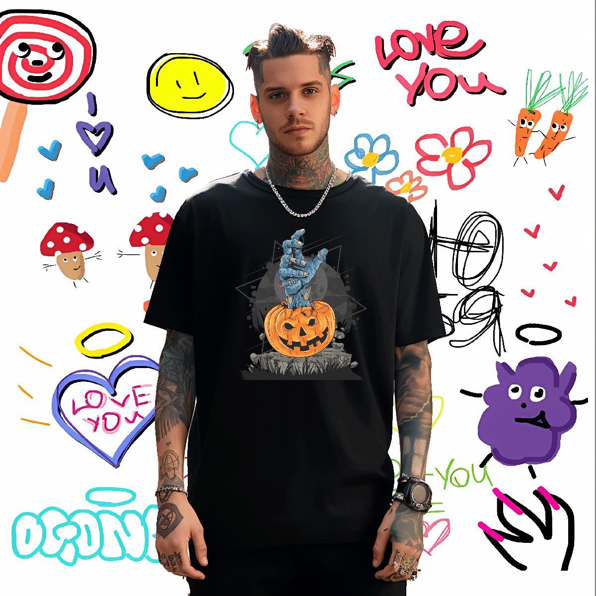 Unisex T Shirts Men pumpkin Breathable Short Sleeve Anime Printing Street Plus Size Cartoon 230g Cotton Mens Tshirts Custom Polos