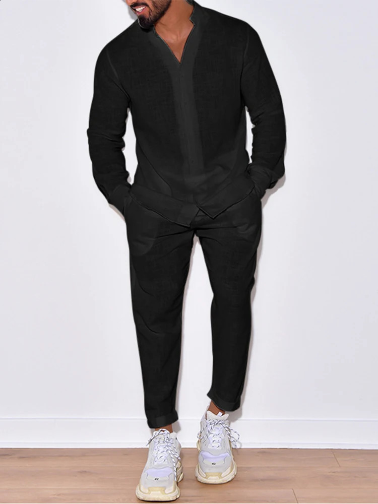 2024 autumn casual mens two-piece long sleeved button up shirt top and pants set mens casual breathable cotton linen dress 240819
